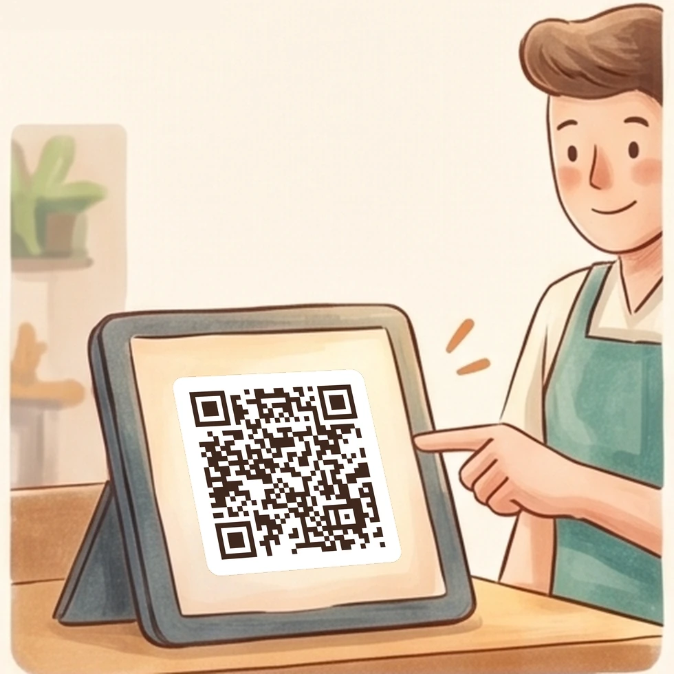 店員在平板上點選產生結帳碼，平板畫面為 LINE 加入好友 QR Code